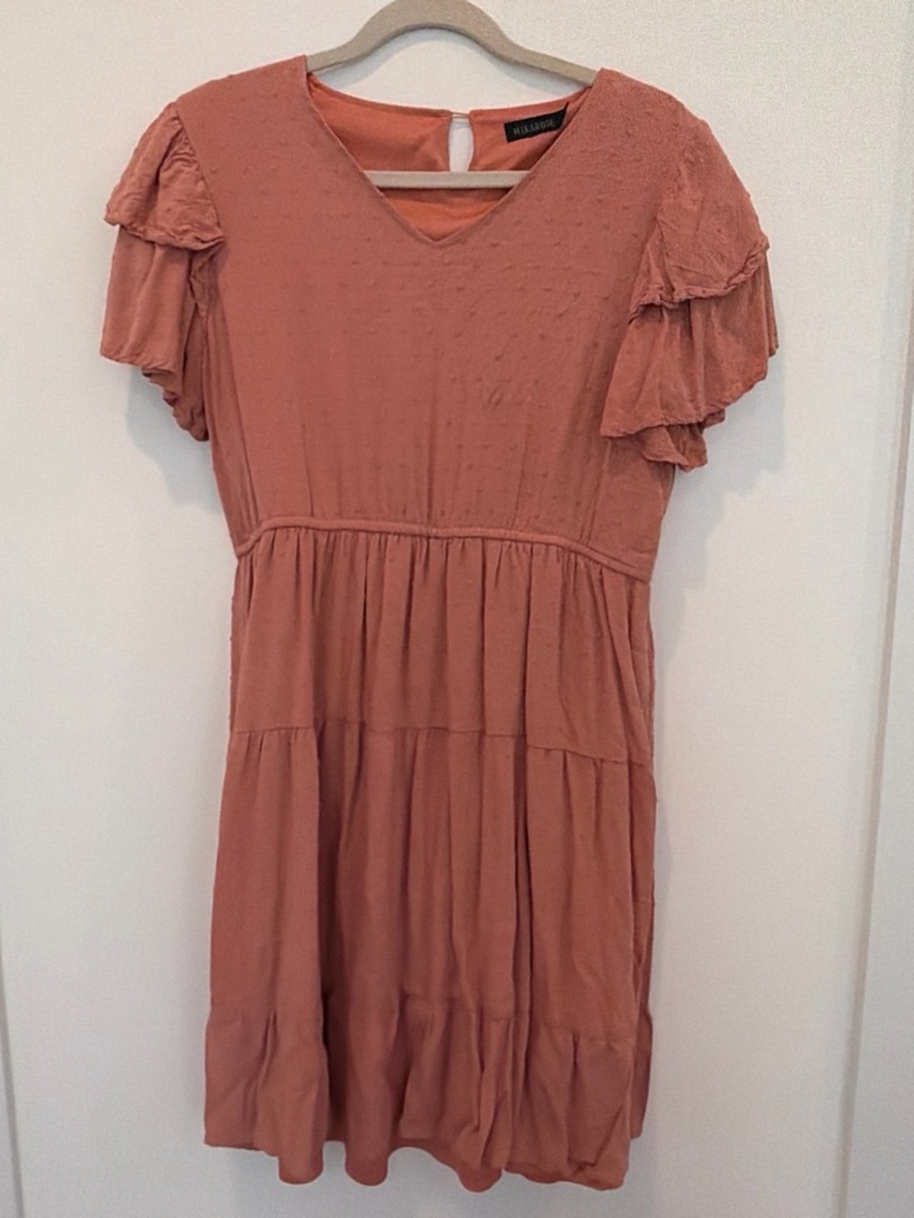 Mikarose Burnt Orange Tiered Ruffle-Sleeve Midi Dress